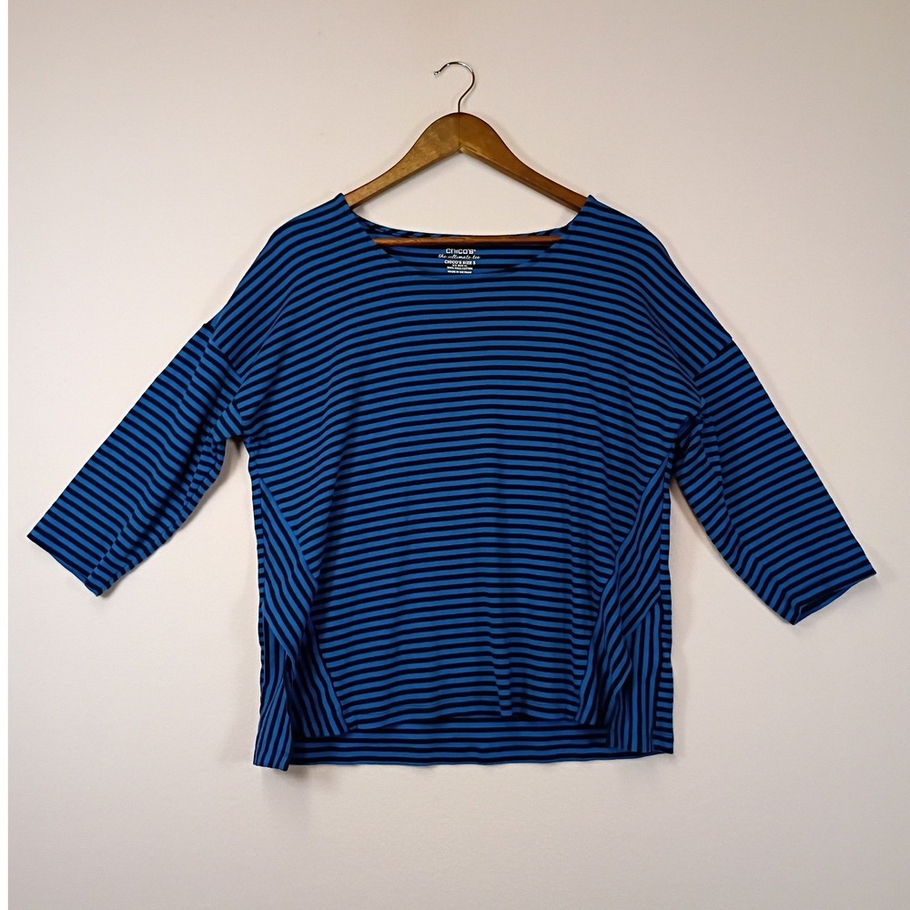Nautical Chic Chico's Women XL Size 3 Blue Striped Pima Cotton Ultimate Tee